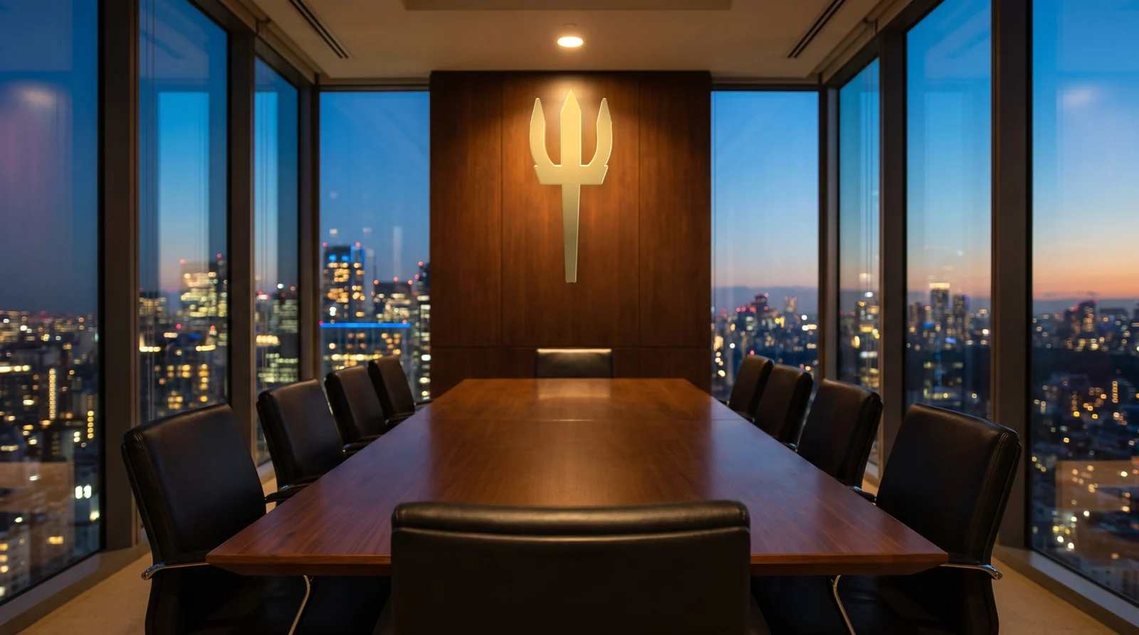 A business owner alone at the head of an empty boardroom table at night