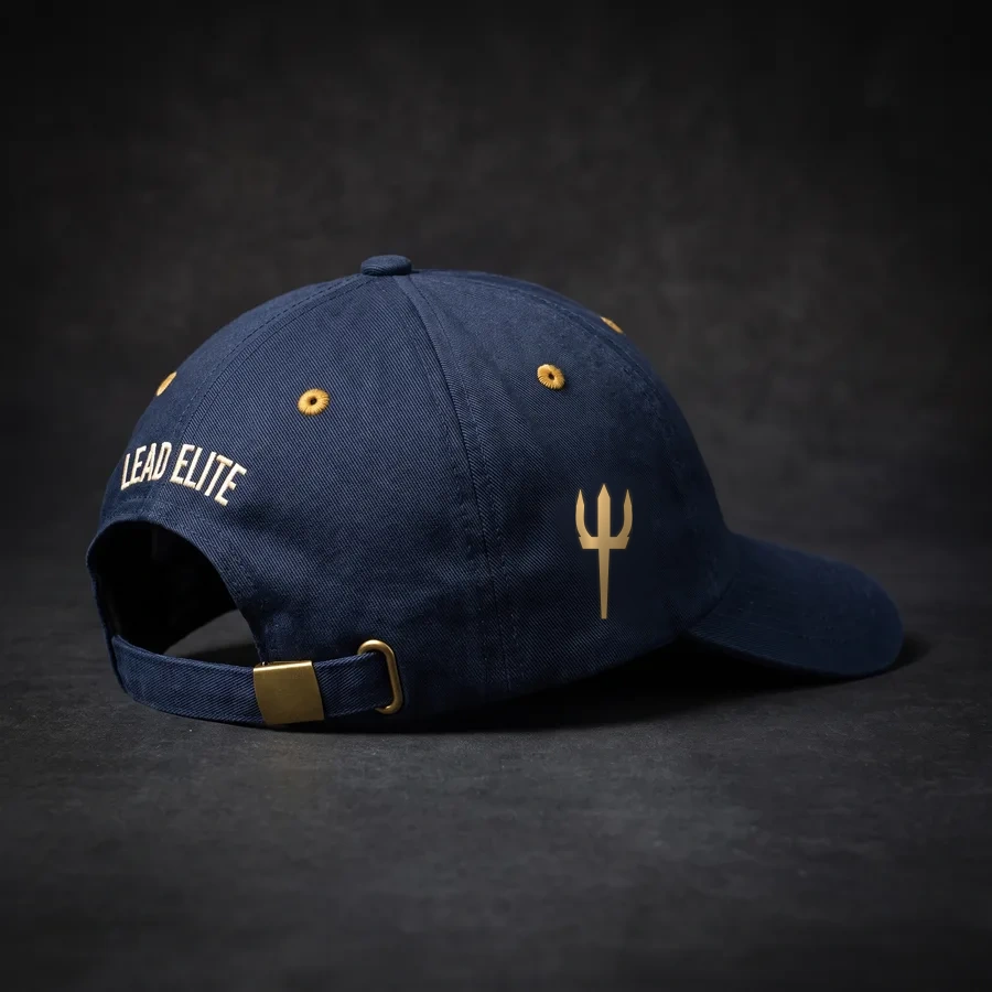 Navy dad hat with gold trident and LEAD ELITE side embroidery