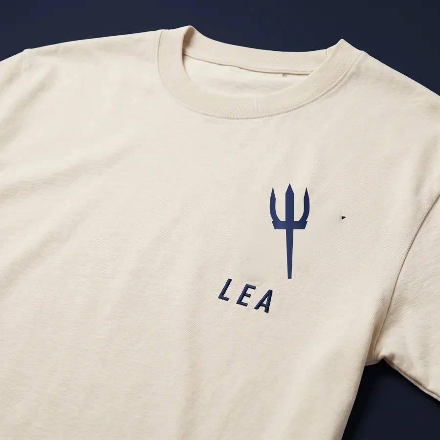 Cream tee with navy embroidered trident and LEA