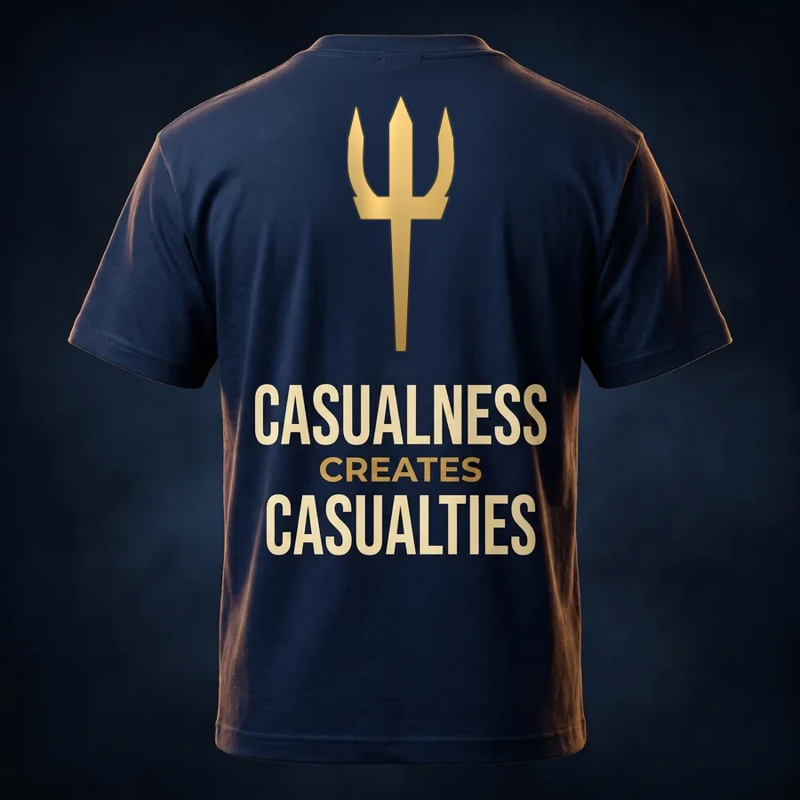 Navy tee with Casualness Creates Casualties back print